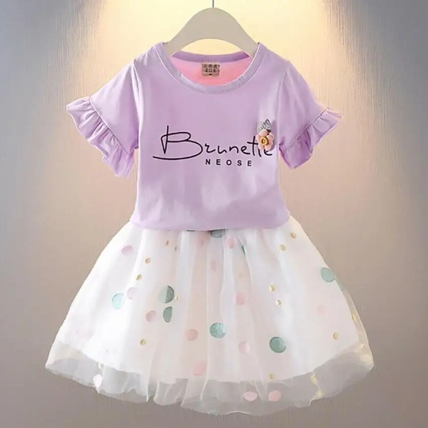 

Summer Printed Colthing Suit Girls Ruffles Shirt Sleeve Crew Neck Top and Mini Skirt Sets Casual Outfits