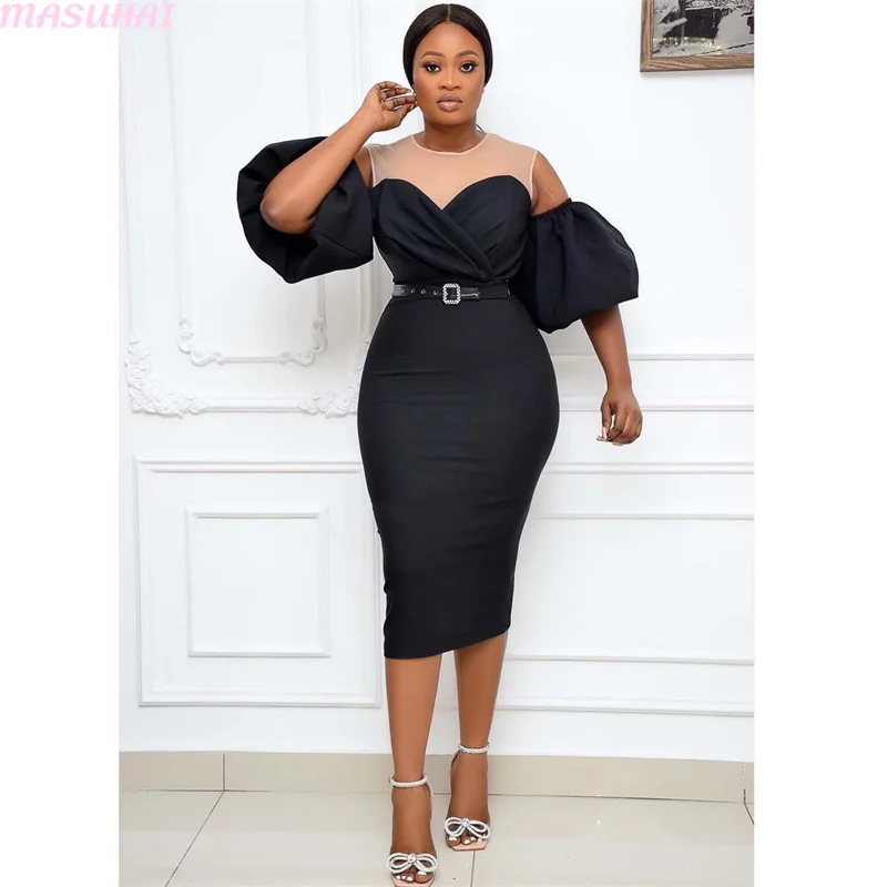 

MASUHAI Women color matching bubble sleeves medium long sexy large dress dress bright dignified formal banquet reception
