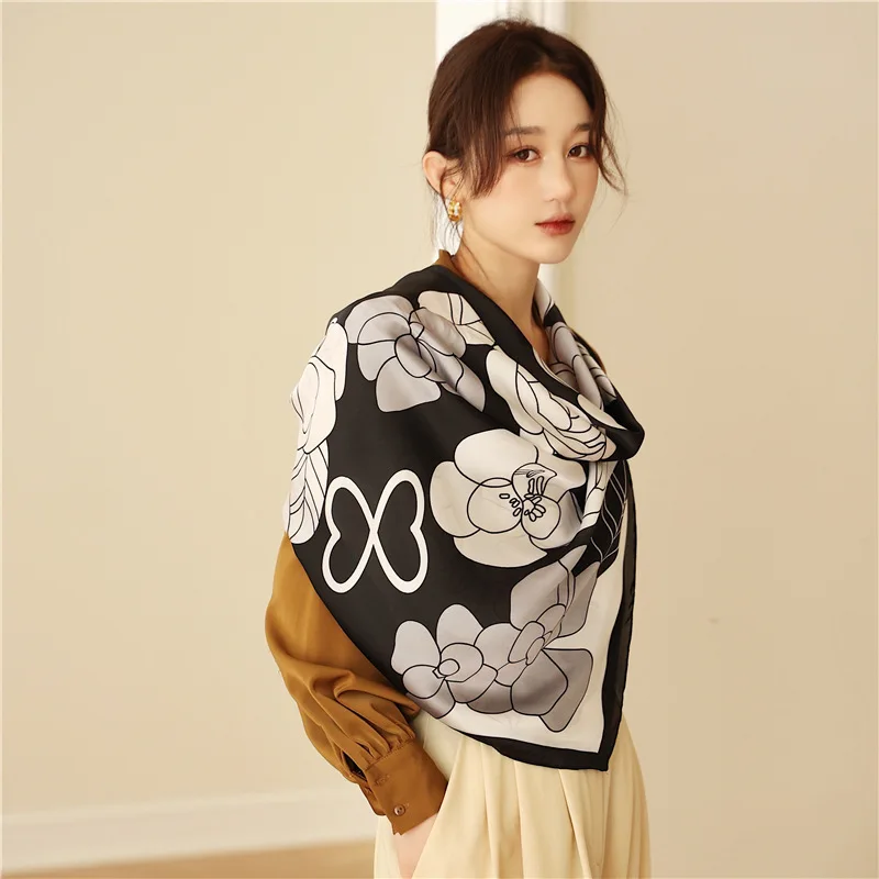

Women scarf quality shawl silk fashion Camellia flower brocade 110cm square towel scarf headscarf beach sunscreen bag head scarf