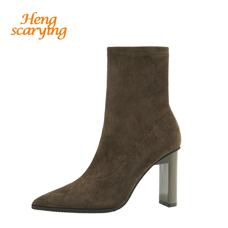 Женские замшевые ботильоны на высоком каблуке черные или зеленые эластичные