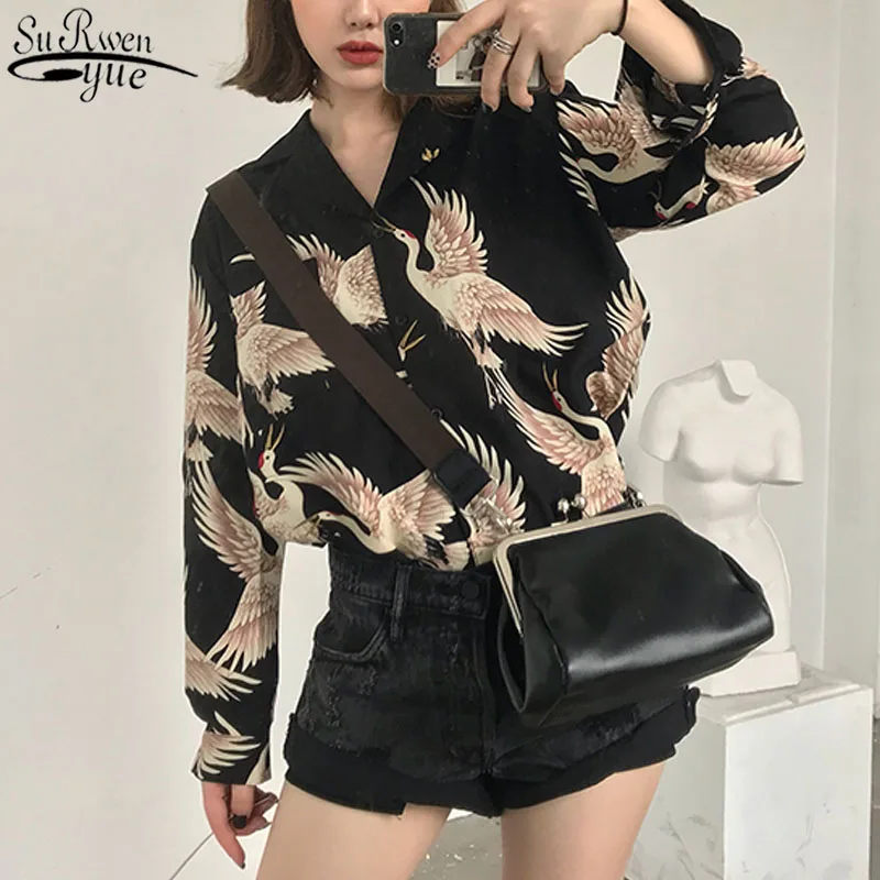 В винтажном стиле С принтом Модные женские блузки 2021 рубашки с длинными рукавами
