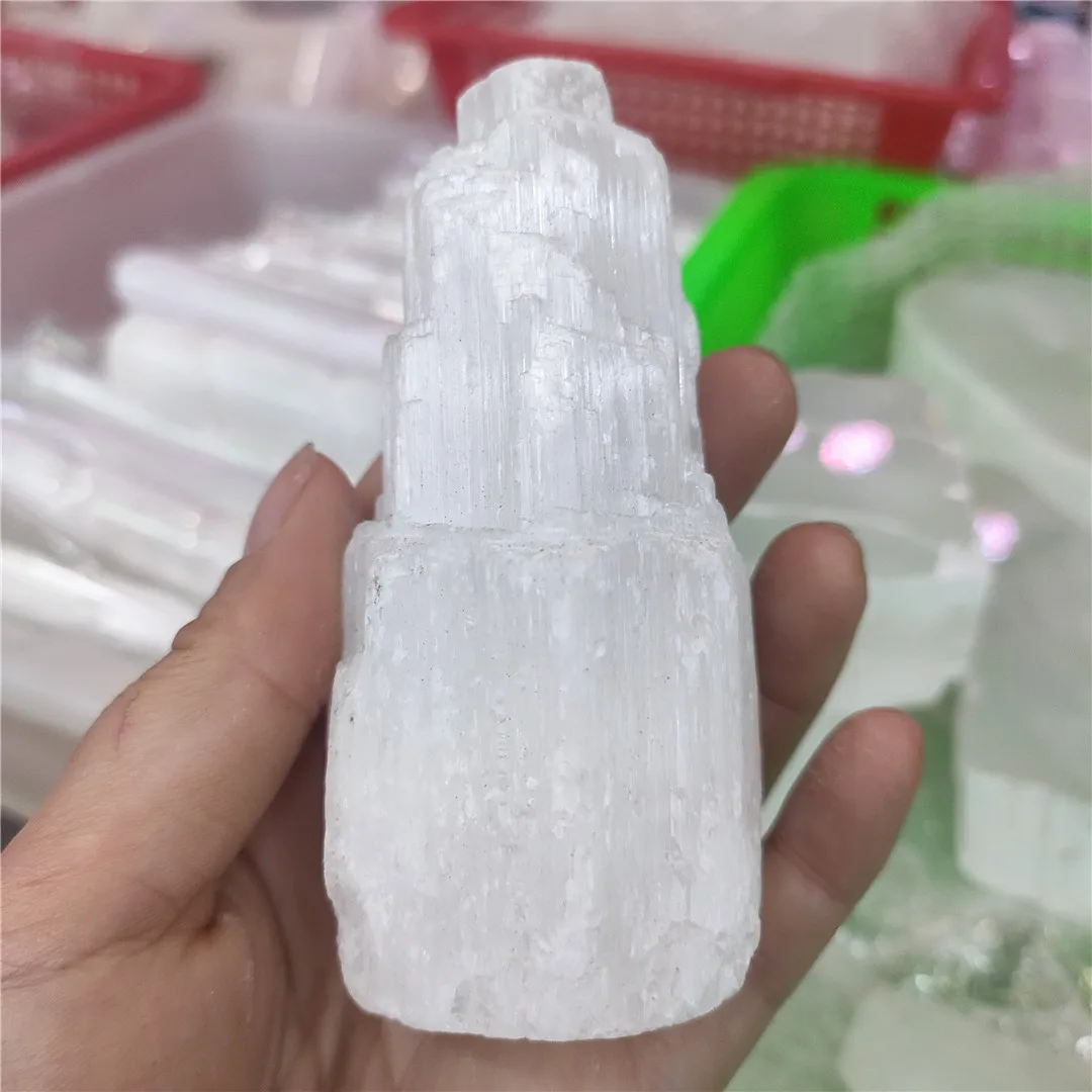 

90-100mm Transparent White Selenite Tower Gypsum Stone Quartz Crystal Tower Shaped Power Gift Relaxation Reiki healing Decoratio