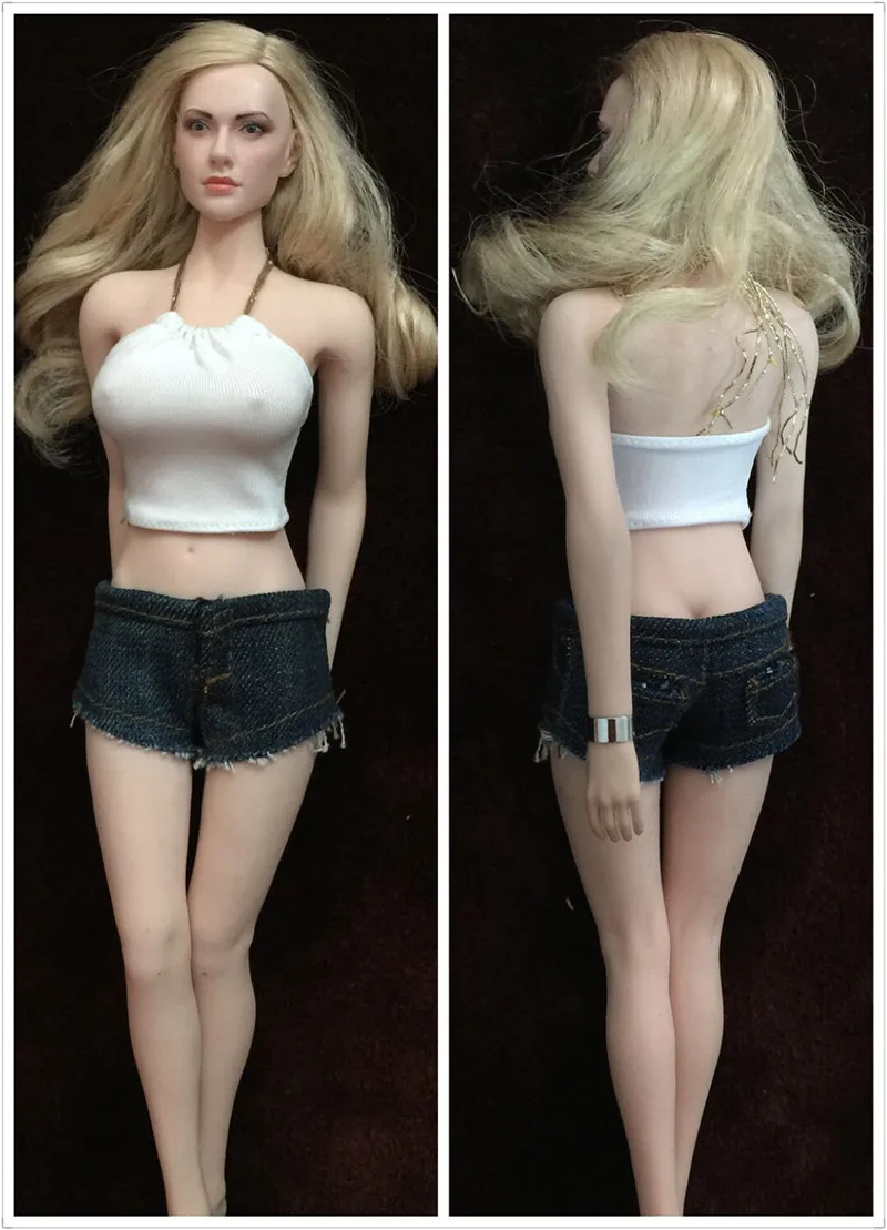 

1/6 Scale White Chest-wrapped Sling Vest Denim Shorts for 12inch Steel Skeleton Phicen Hottoy UD Big Medium Chest Doll