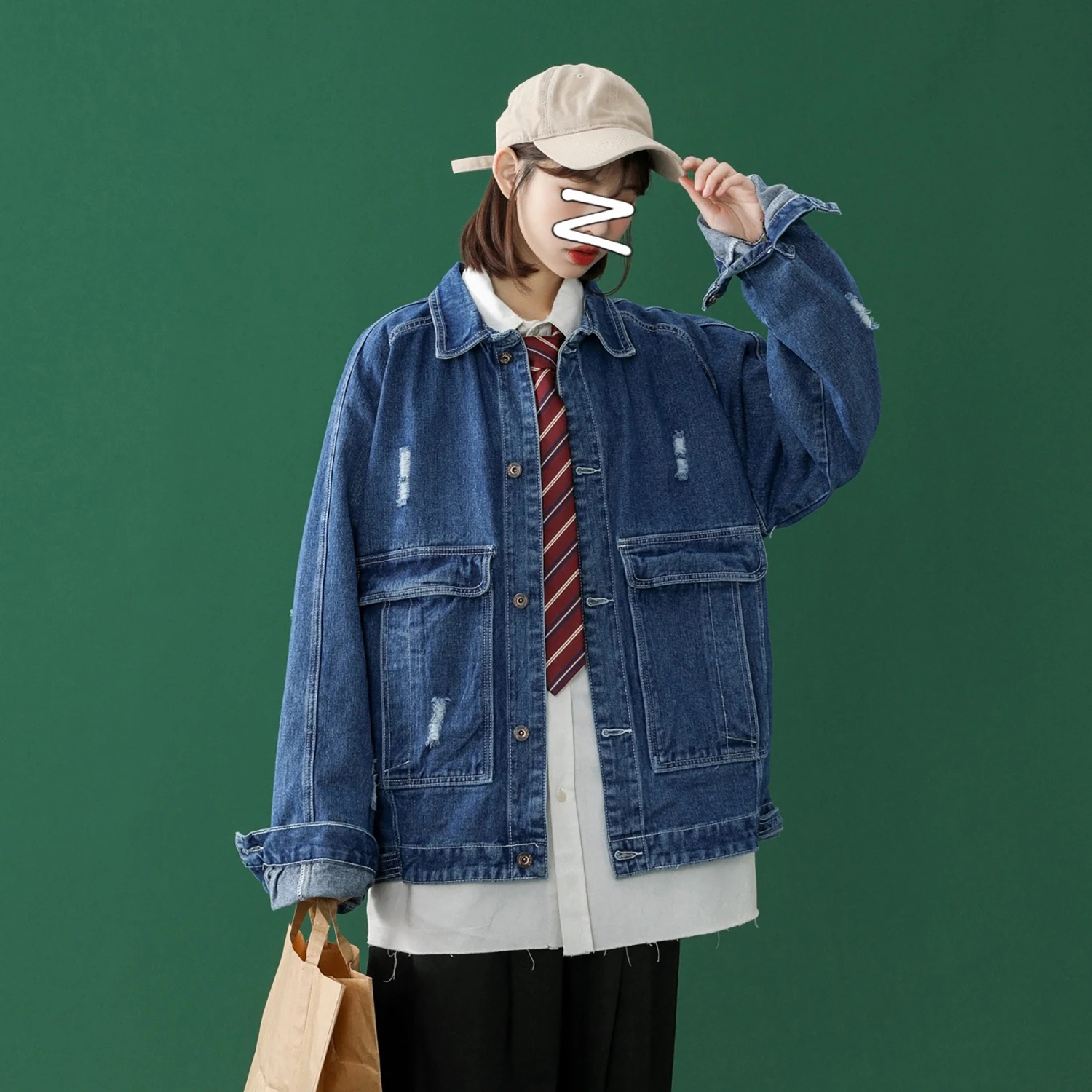 Женская джинсовая куртка с большими карманами Повседневная Свободная синяя