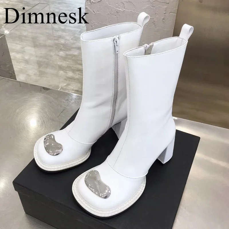 

Runway Chunky High Heel Chelsea Boots Women Round Toe Real Leather Metal Decor Autumn Shoes British Style Short Boots Female