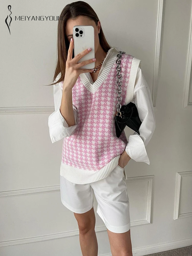 

MEIYANGYOUNG Sweater Vest Women Autumn V Neck Sleeveless Vintage Houndstooth Knitted Ladies Sweaters Vest Female Waistcoat Tops