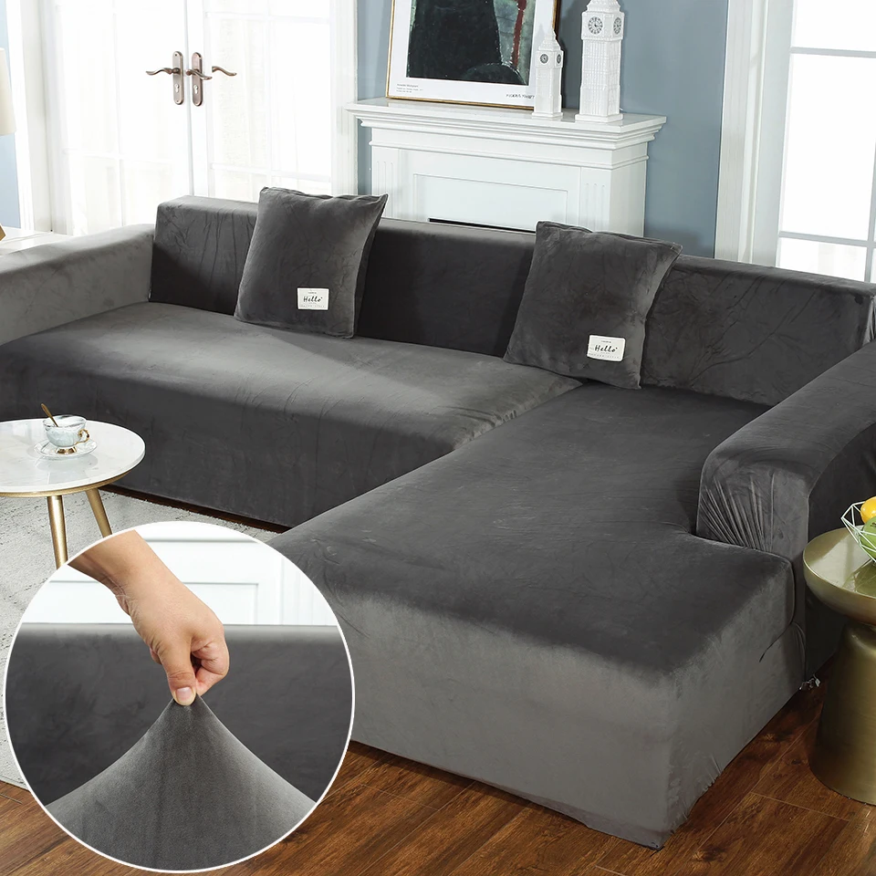 

Elasticated Plush Sofa Covers for Living Room Velvet Corner Armchair Couch Pleads Cover Sets 2 and 3 Seater L Shape Furniture