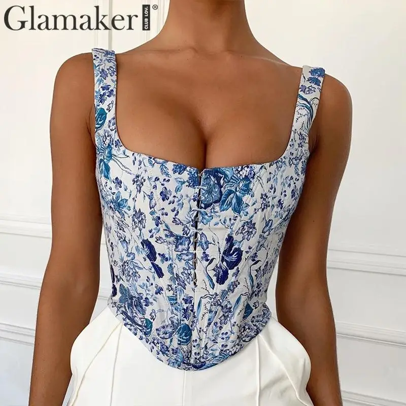 Glamaker Blue floral print vintage short tops Women sexy square neck tank cami top Female winter autumn short crop top shirt