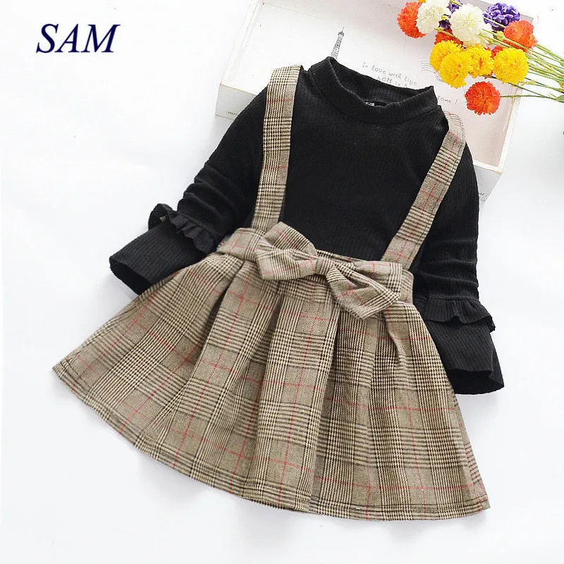 

Модное вязаное платье для маленьких девочек, Осеннее клетчатое платье из 2 предметов с длинным рукавом, детская одежда принцессы, 2020