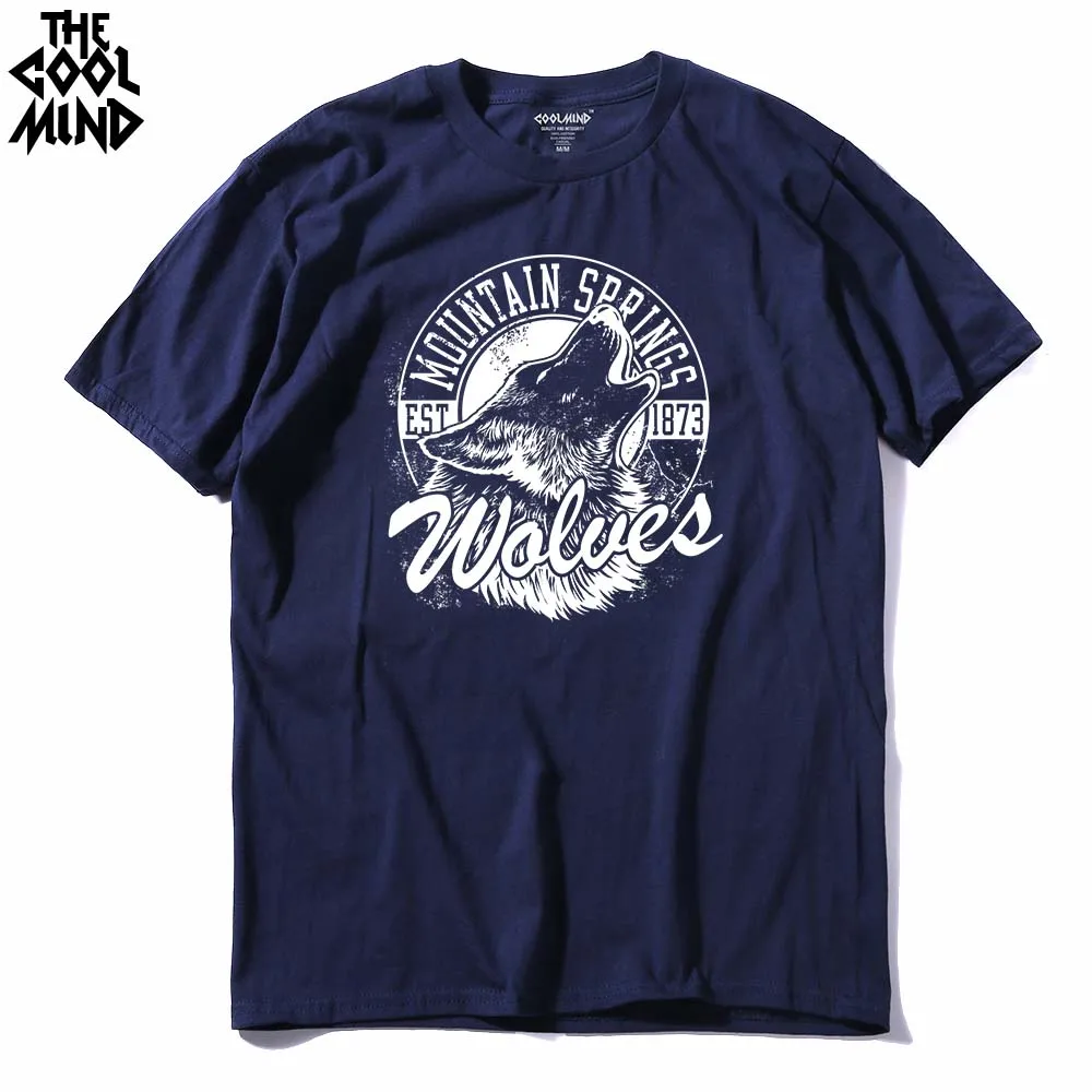 COOLMIND WO0112A Хлопковая мужская футболка с принтом волка Повседневная коротким