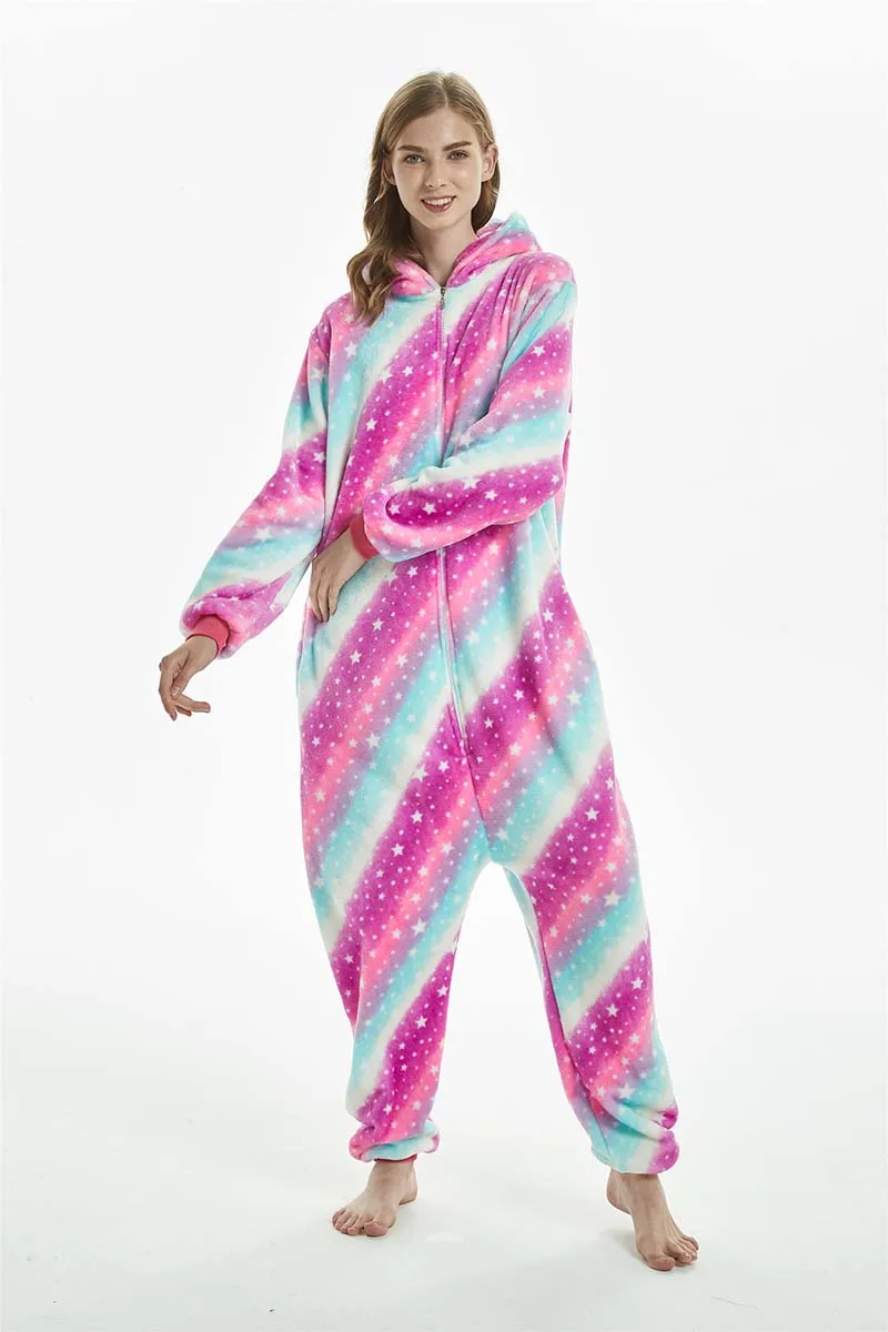 Женская пижама комбинезон с единорогом зимняя Фланелевая Пижама Kigurumi Nightie синяя