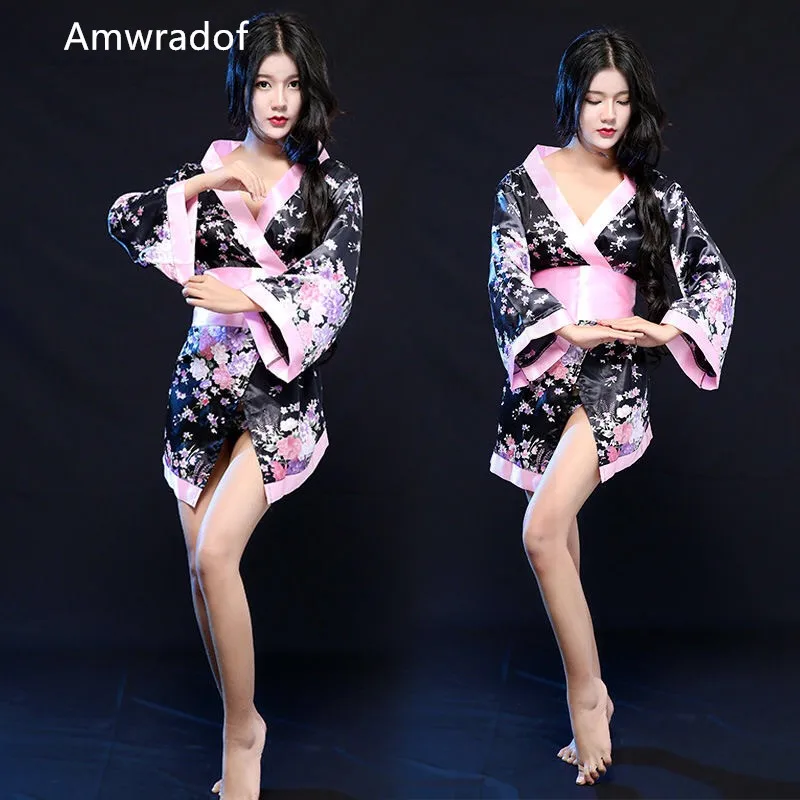 Халат кимоно Женский атласный с цветочным принтом соблазнительный пикантный в