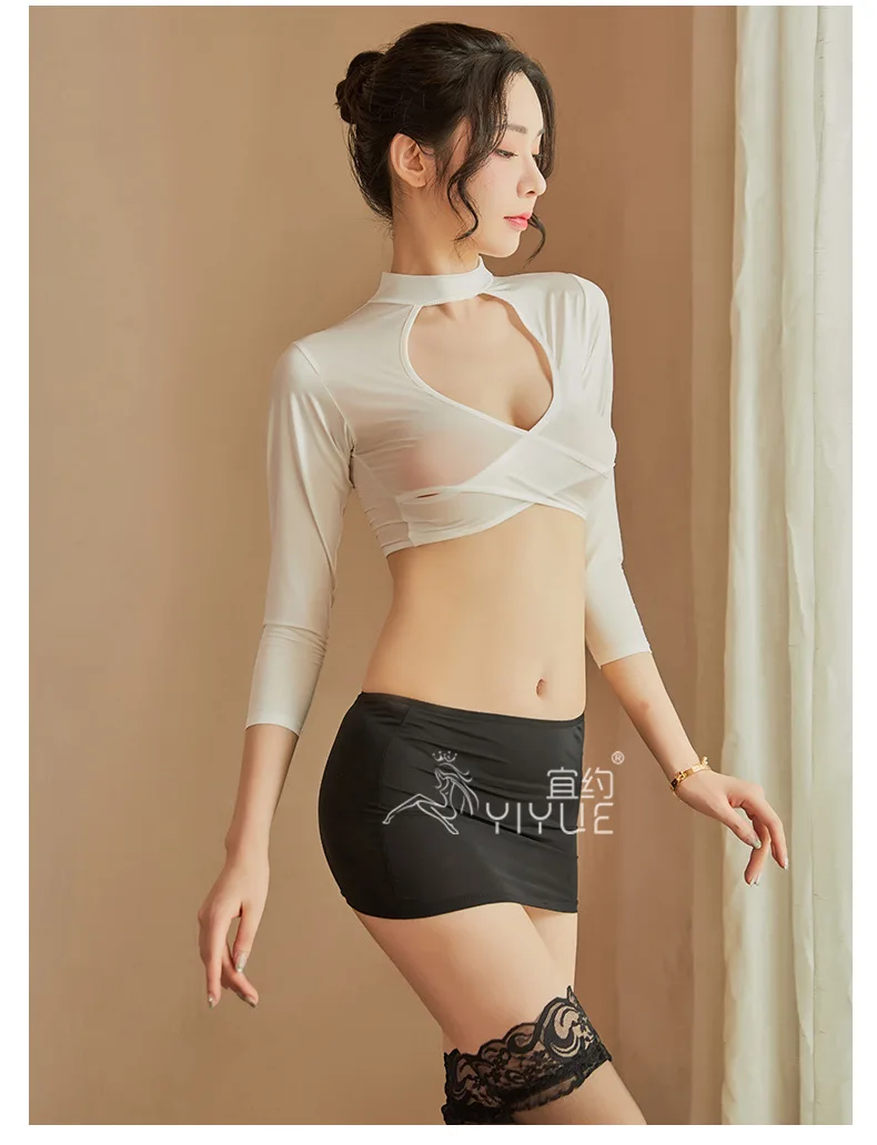 Лидер продаж прозрачный черный и белый топ юбка соблазнительный женский костюм