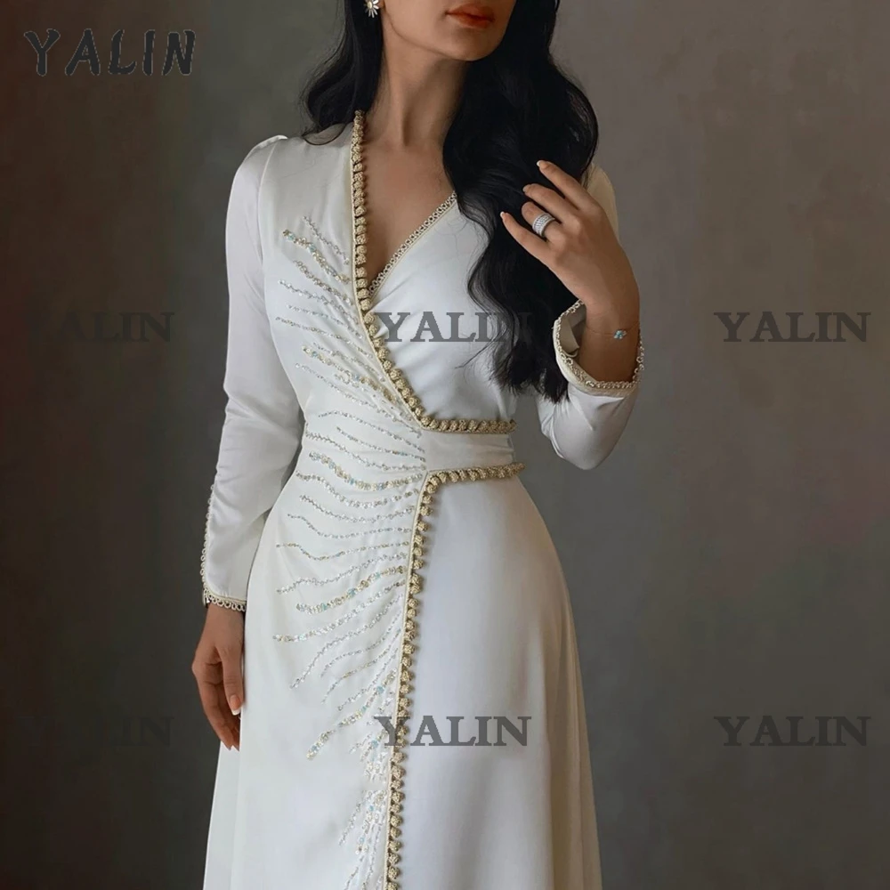 YALIN Gold Long Sleeve Muslim Evening Dresses Luxury Dubai V Neck Beaded Women Party Gowns Moroccan Caftan Robes De Soirée images - 6