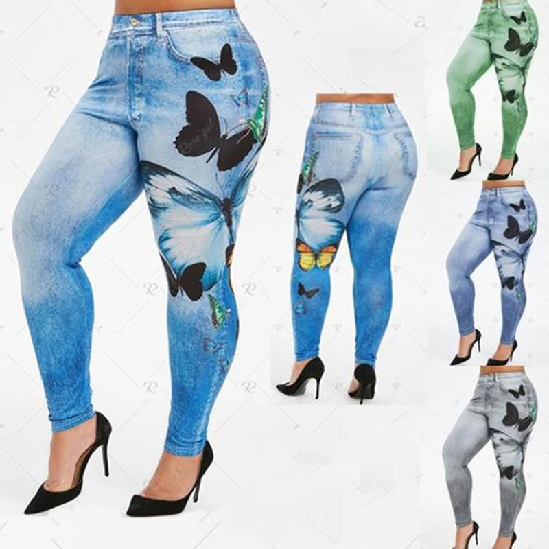 

Fashion Slim Women Leggings Butterfly Print Pencil Faux Denim Jeans Leggings Casual Women Clothing Plus Size Pencil Pants