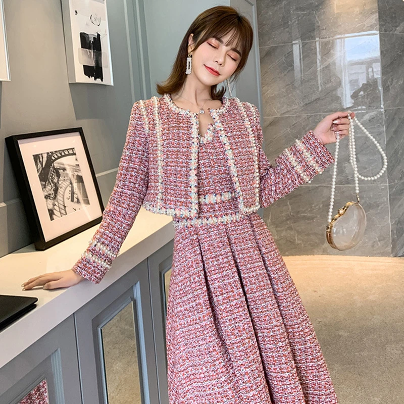 CHICEVER корейский твидовый комплект из двух предметов для женщин О образный вырез