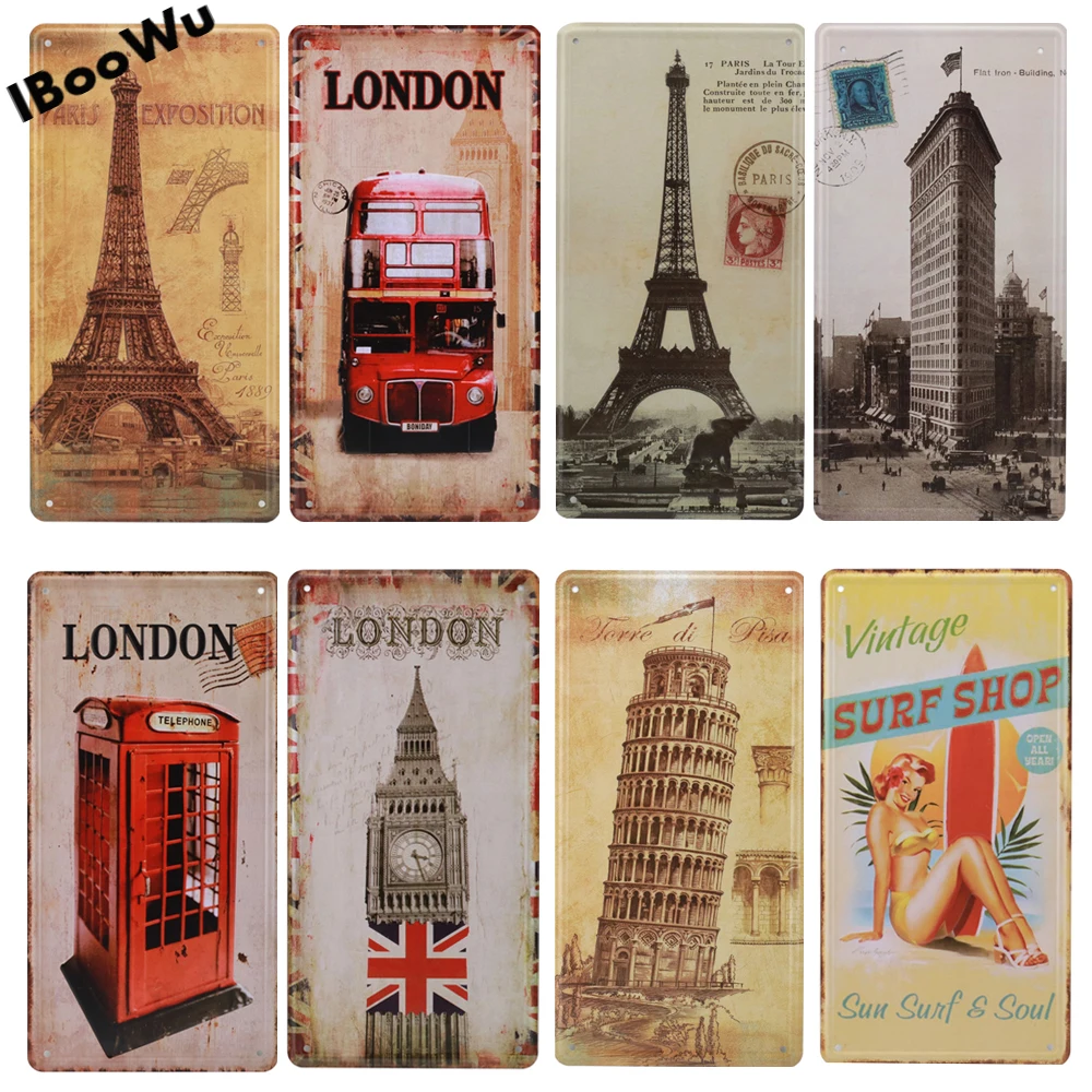 

The Eiffel Tower Popular City Signs Vintage Poster Retro Plaques London/Paris Metal Tin Signs Wall Decor For Bar Garage Pub Cafe