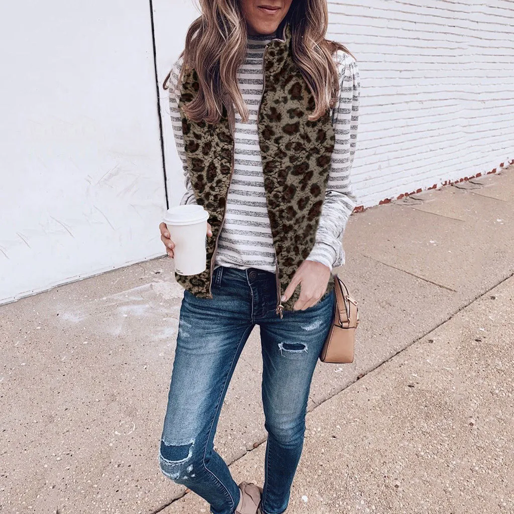 Зимний модный женский жилет Hooodies с леопардовым принтом из искусственного меха