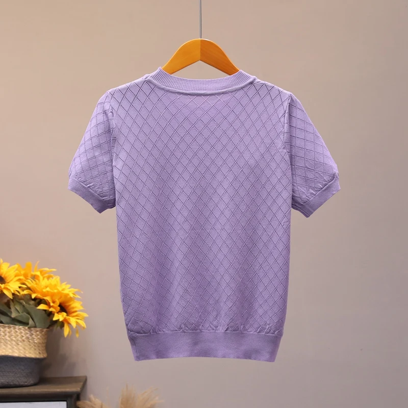 

MASTGOU Fashion New Summer Women T shirt Hollow Casual Knittes Short Sleeves Casual Top Breathable Female Tee Shirt