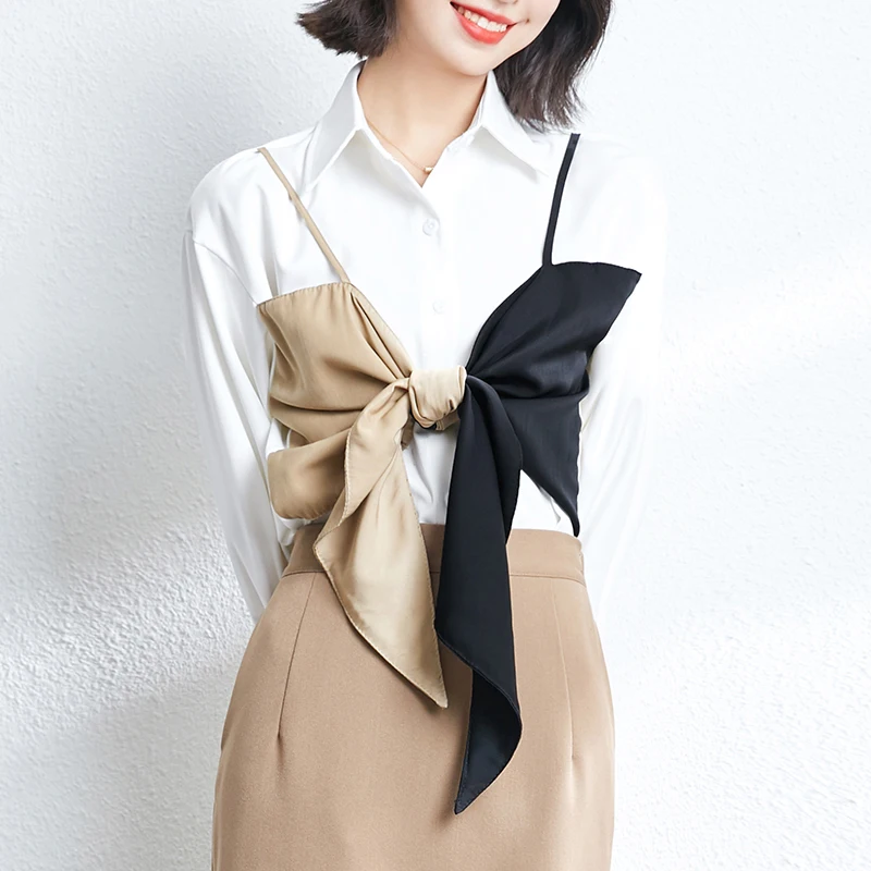 Женская блузка с отложным воротником белая офисная составного кроя длинным