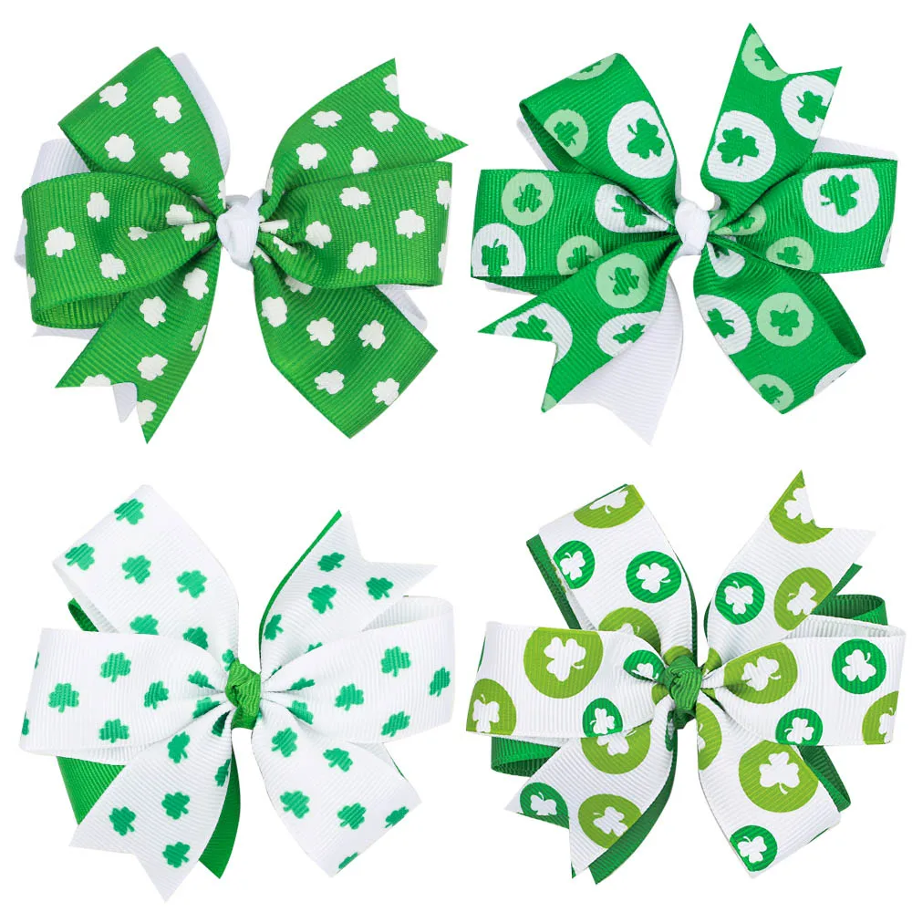 

ncmama 3.5 inch St. Patrick's Day Hair Bow Hairpins Clover Printed Grosgrain Girls Hairclip Barrettes Hair Accessories