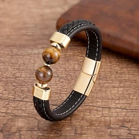high quality mens stainless steel bracelet black personality leather bracelets 10 style round stone beads jewelry for men gifts