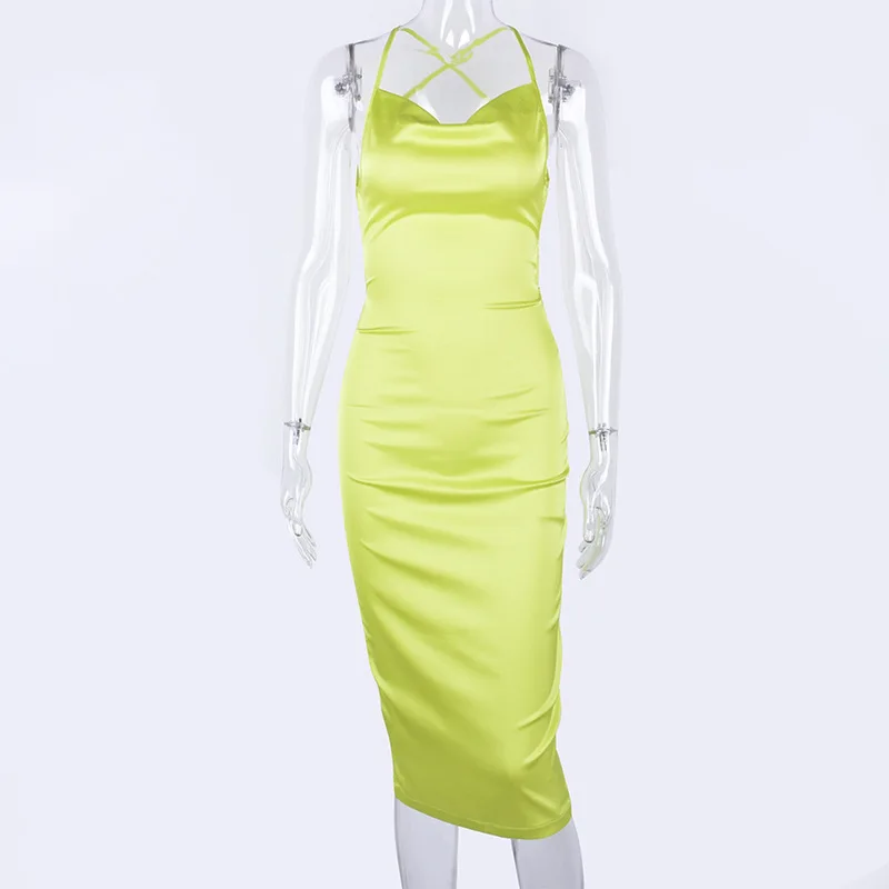

BacklakeGirls Stretch Satin Dress Women Straps Crossed Backless Sexy Party Dress V Neck Bodycon Evening Dresses Vestidos 2021