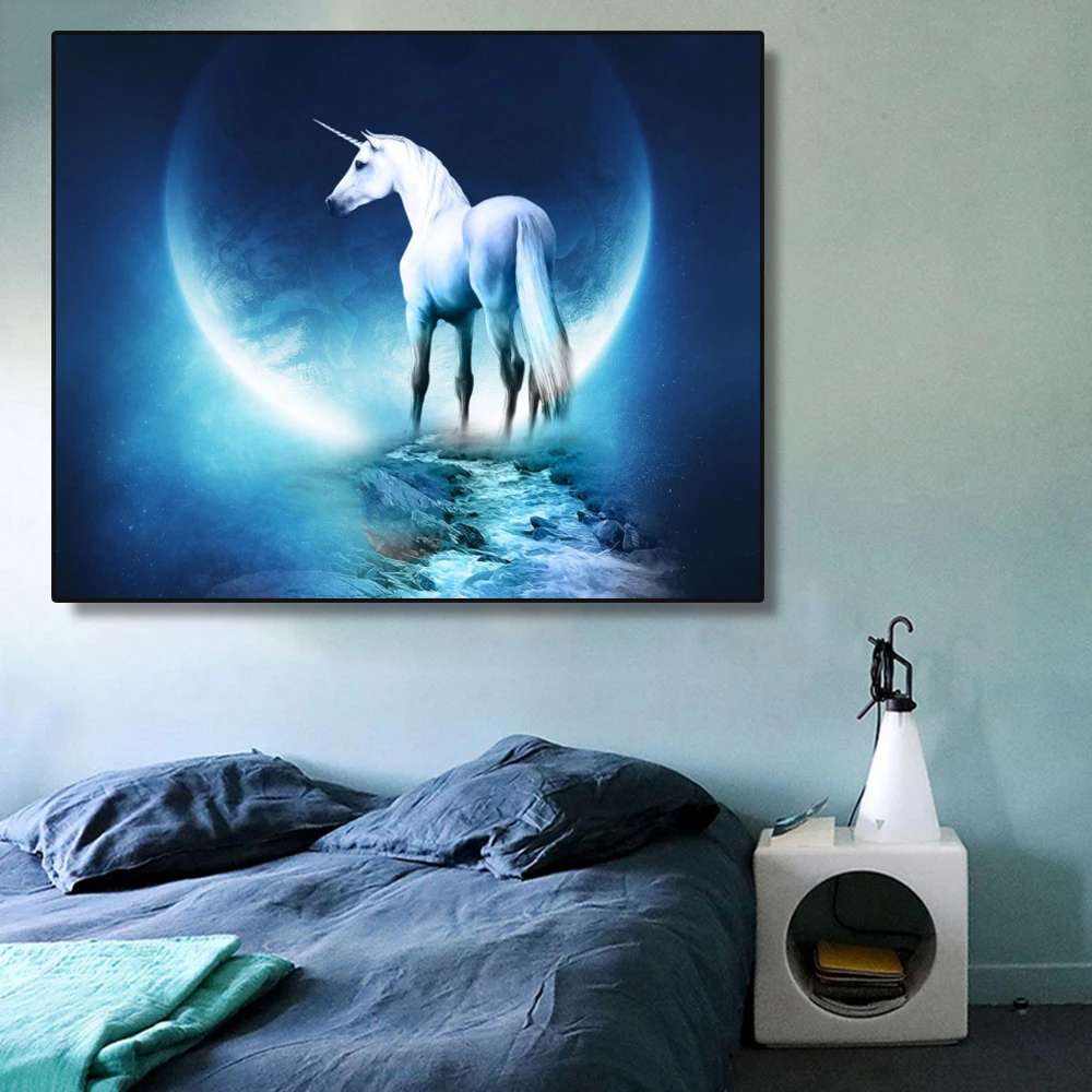 Laeacco Единорог живопись каллиграфия мультфильм лошадь плакаты и принты холст