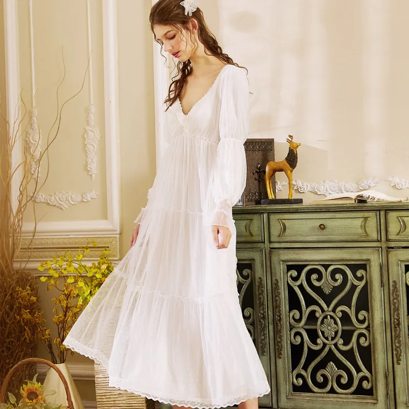 Сексуальная ночная рубашка с длинным рукавом винтажная пижама из белого хлопка