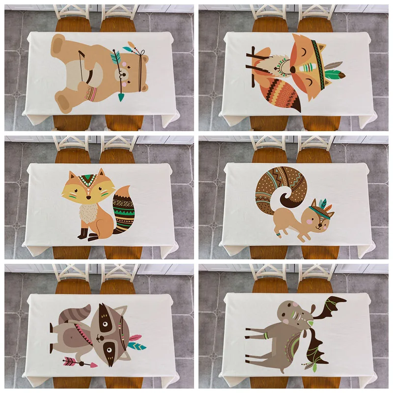 Декоративная льняная скатерть с принтом леса животных медведя лисы