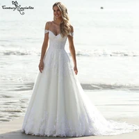beach wedding dresses 2021 lace appliques beaded a line spaghetti straps off the shoulder princess bridal gowns vestido de noiva