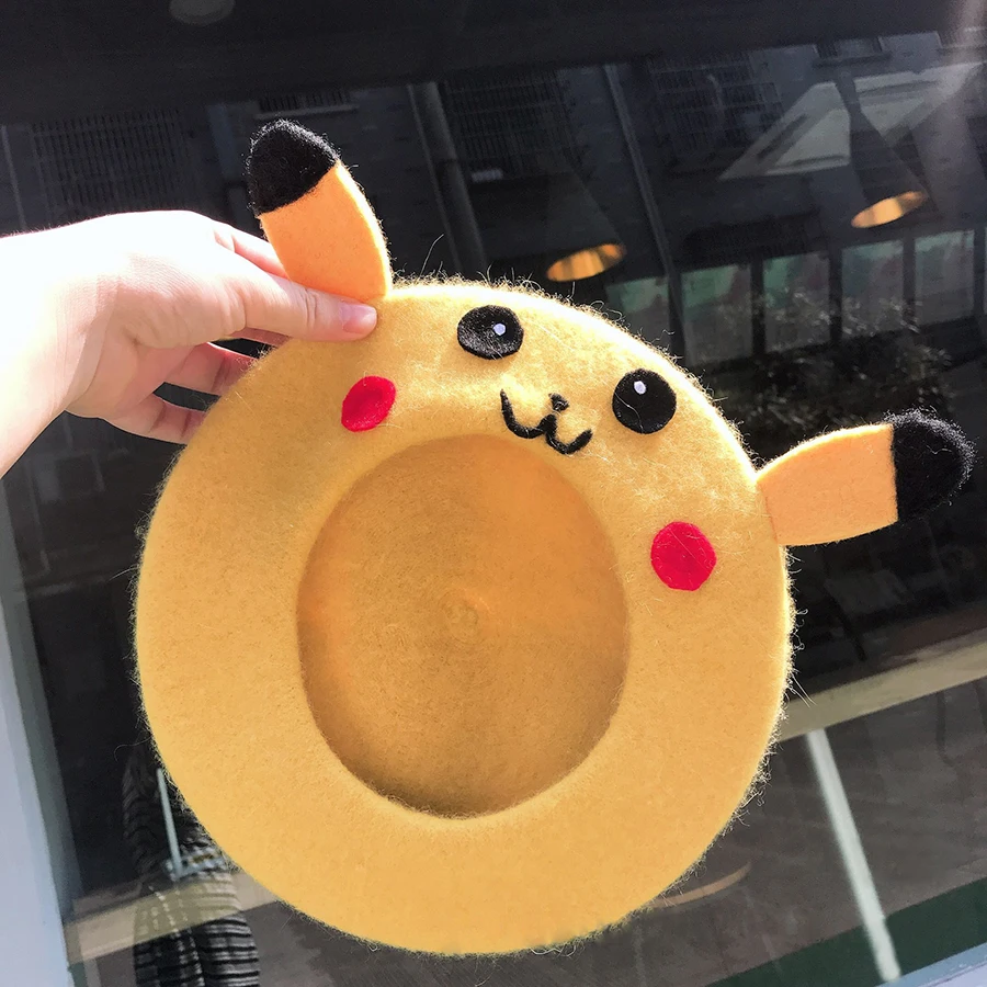 Милый желтый женский берет Pikachu из мультфильма шерстяные шапки ручной работы для