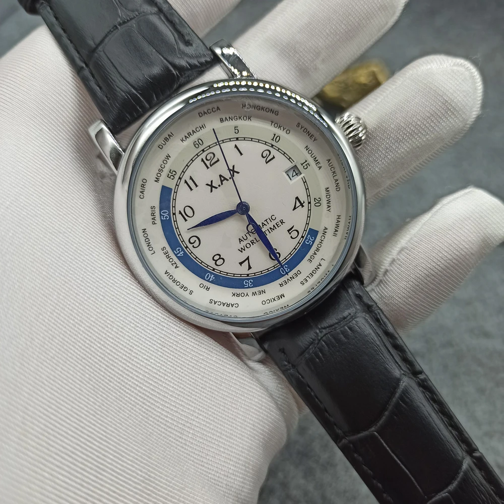 

Часы наручные мужские автоматические, механические водонепроницаемые стальные, с циферблатом в городах мира, с стальной короной, большие размеры