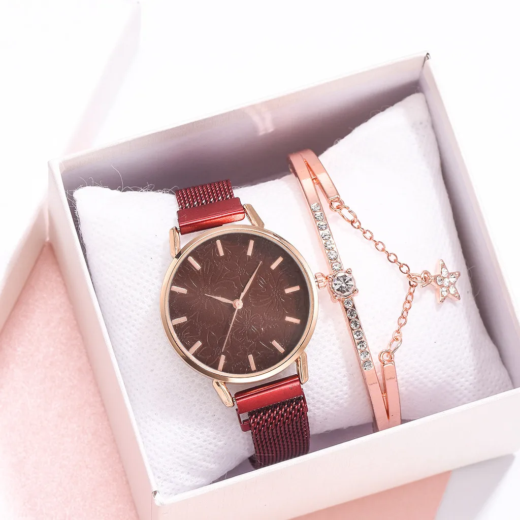 

Fashion Stainless Steel Women Watches Rose Gold Ladies Bracelet Set Flower pattern Dial Quartz Watch reloj mujer /d