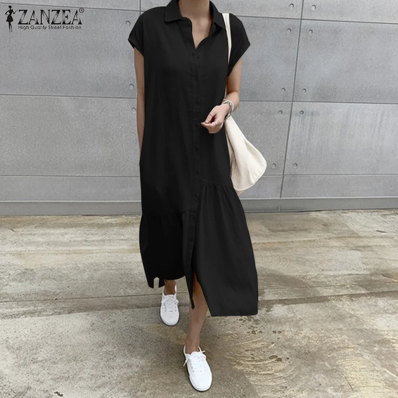 

Платье ZANZEA женское с лацканами и коротким рукавом, длинная рубашка в стиле ретро, однотонный ассиметричный сарафан, хлопково-льняной халат, ...