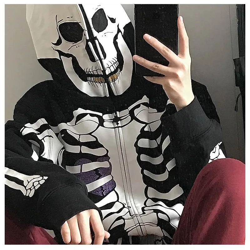 

Y2K Zip Up Hooded Sweatshirts Skeleton Print Anime Women Vintage Pockets Oversized Jacket Coat Female Aesthetic Sleeve Hoodie
