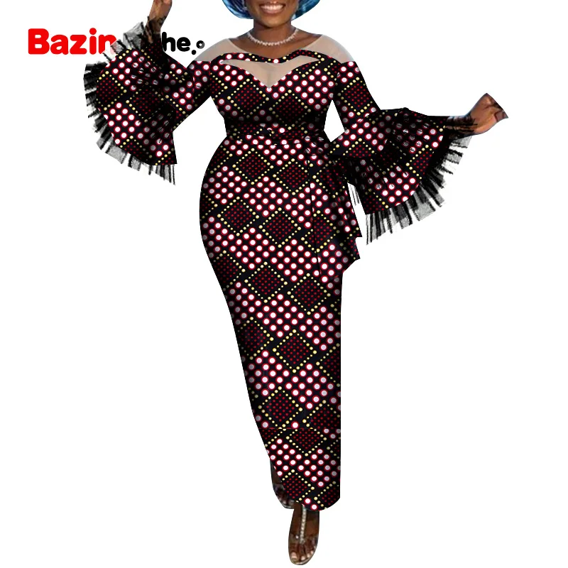 

African Ankara Dresses for Women Elegant Lady Dashiki Print Party Wedding Dress Wax Cotton Fabric Bazin Riche Clothing WY8946
