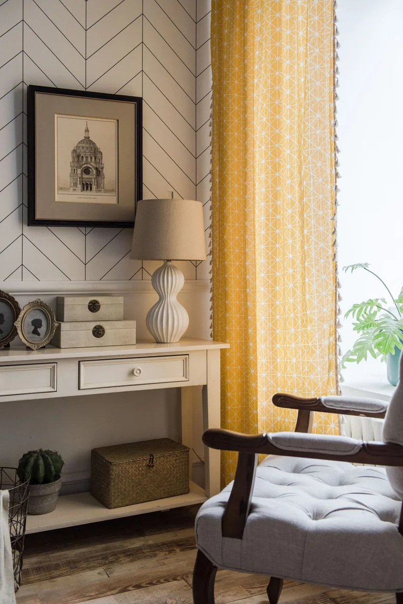 Шторы с нордическими кисточками желтые постельное белье из хлопка