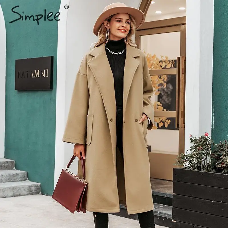 Simplee Elegant office ladies long blend coat Sashes pockets autumn winter female overcoats Long sleeve outwear tweed women | Женская
