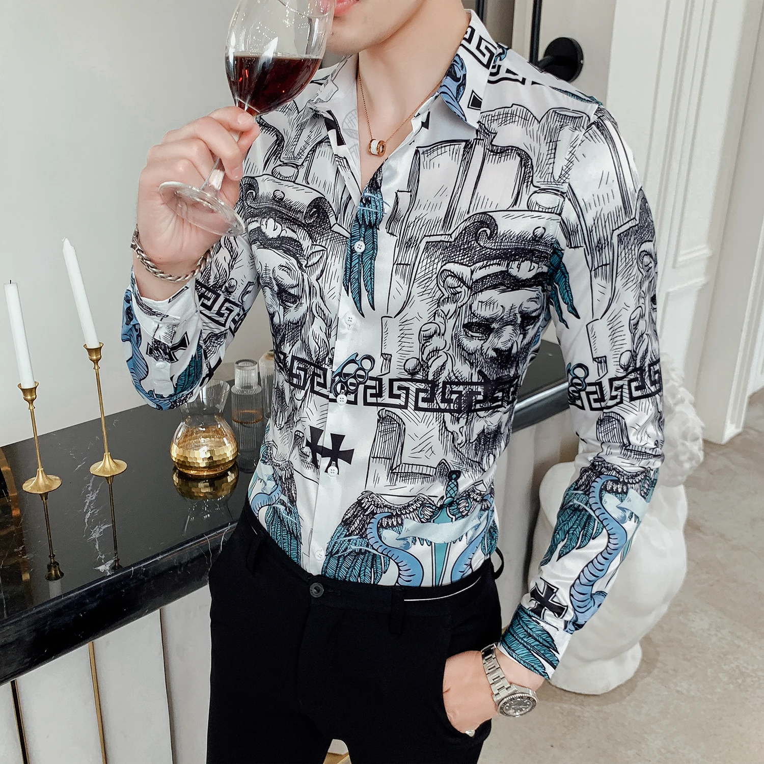 LIFENWENNA весенние мужские принт рубашка с длинными рукавами Новая мода Гавайи Slim Fit