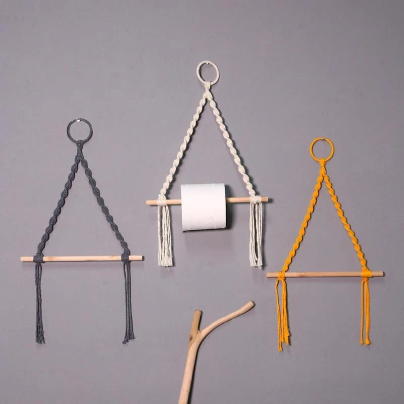 

Nordic Wind Wall Hanging Wooden Stick Rack Paper Roll Holder Handwoven Hanging Rope Shelf Stick Rack for Bathroom Kitchen