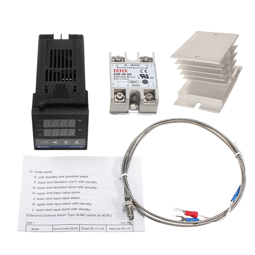 

REX-C100FK02-V*AN Intelligent Temperature Controller SSR Output + SSR-40 DA + K Probe Thermocouple + Heatsink