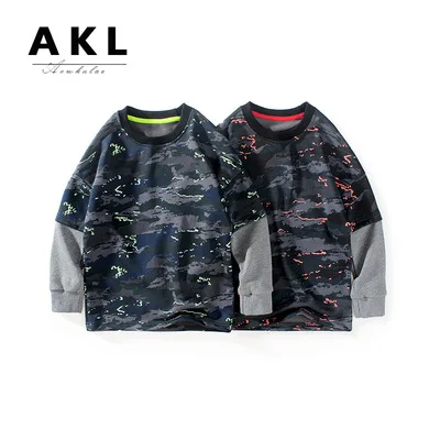 

2021 Autumn and Winter New Korean Boy Long-sleeved T Shirt Big Children's Camouflage Fake Two-piece Top Tees Baby Boys Clothes