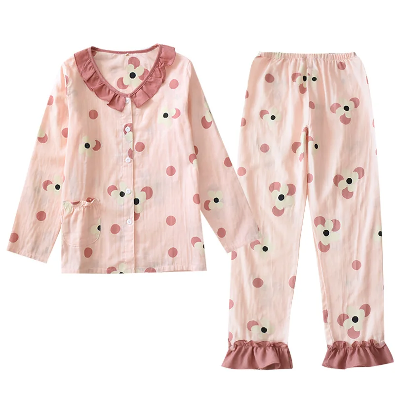 

Sweet Lovely Ruffles Home Clothes For Women Cotton Pajamas Set Student Loose Gauze Sleepwear Female Autumn Long Sleeve Homewear