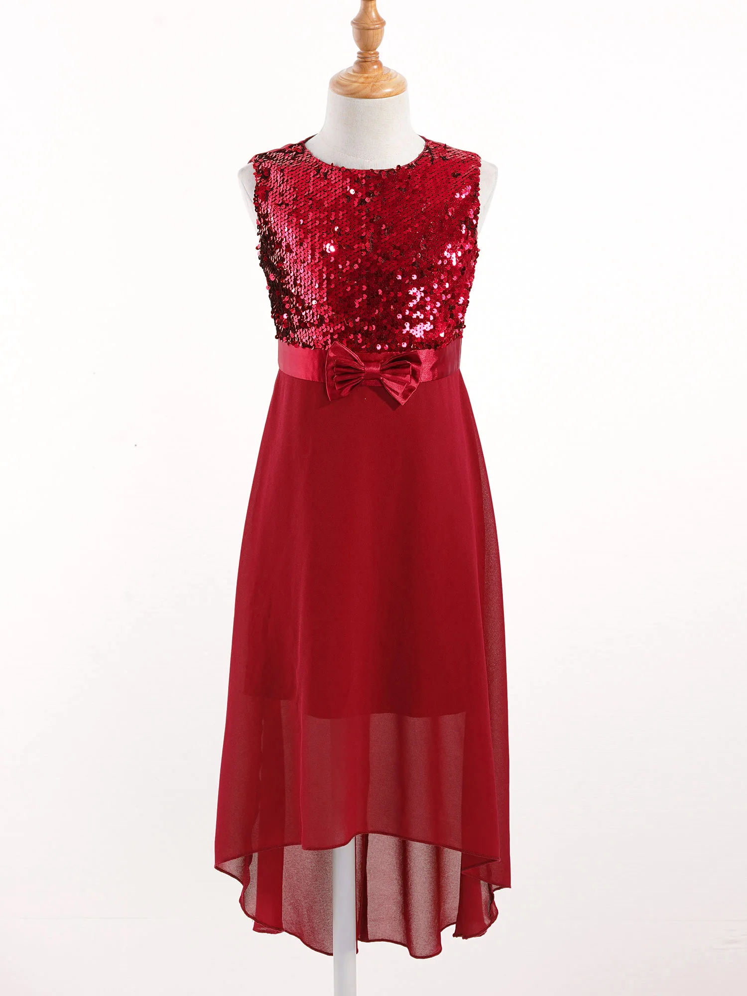 Teens Kid Sequins Chiffon Dress Sleeveless Princess Flower Girl Party Wedding High-Low Hem Dress Ballet Tutu Dance Clothing