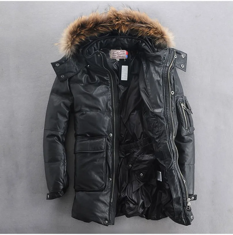 Толстая Меховая куртка с капюшоном из коровьей кожи белым утиным пухом Мужская