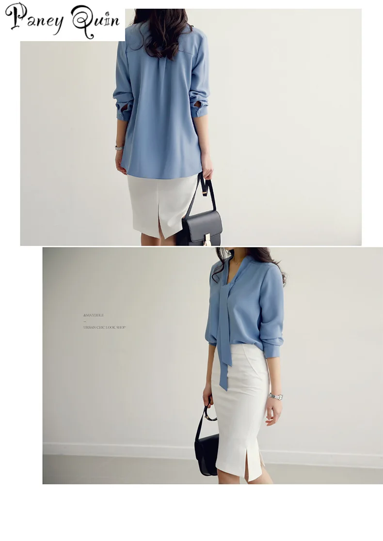 Good quality Chiffon shirt Blouses women OL OFFICE lady Streamer collar solid white blusas Elegant Blue Shirts Female | Женская одежда