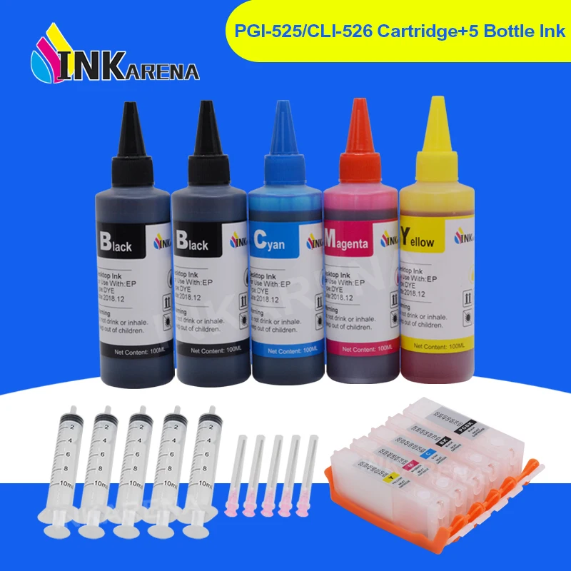 

INKARENA 5 Color PGI 525 CLI 526 XL Printer Ink Cartridges + 500ml Bottle Ink For Canon PIXMA MG8150 MG8250 MX715 MX885 MX895