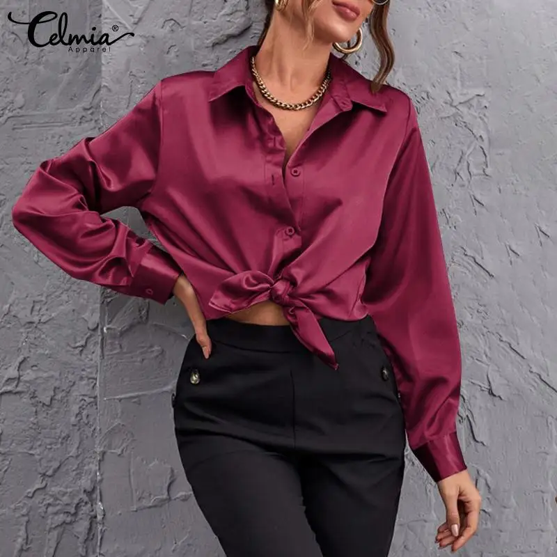 

2021 Celmia Women Satin Shirts Stylish Elegant OL Long Sleeve Lapel Tops Autumn Solid Casual Fashion Party Blouse Loose Blusas