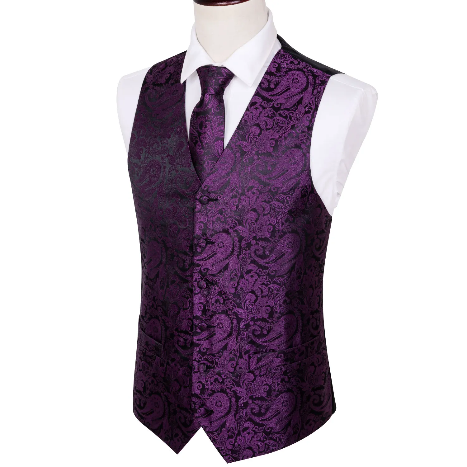 Purple Vest Waistcoat for Men Slim Suit Vest Black Paisley Necktie Set Handkerchief Cufflinks Tie Vest for Business Barry.Wang